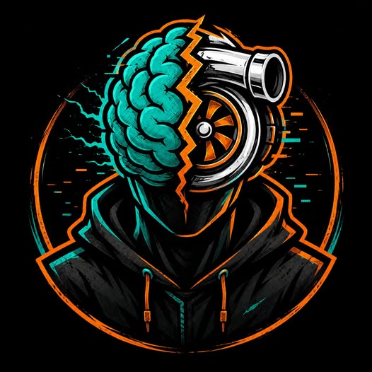 A hooded faceless character with half a brain and half a turbocharger
